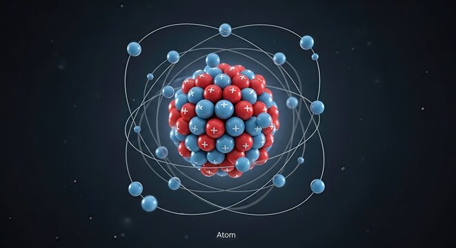 Atom, atomic structure displaying central nucleus containing positive proton, neutral neutron, surrounded by negative electron moving in distinct orbital shell, representing quantum energy level.