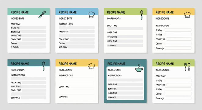 Eight blank recipe cards with simple illustrations of cooking utensils, varying colors