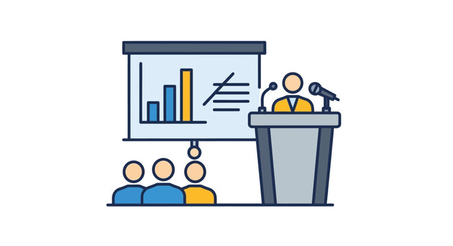 presentation setup with speaker and audience flat vector illustration
