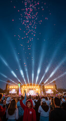Obraz premium A crowd watches a concert on a brightly lit stage with confetti falling and spotlights beaming into the dark sky, symbolizing celebration and joy.