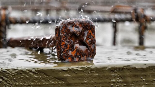 Water Droplets Falling on Rusty Metal Block in Slow Motion 4K Close-Up