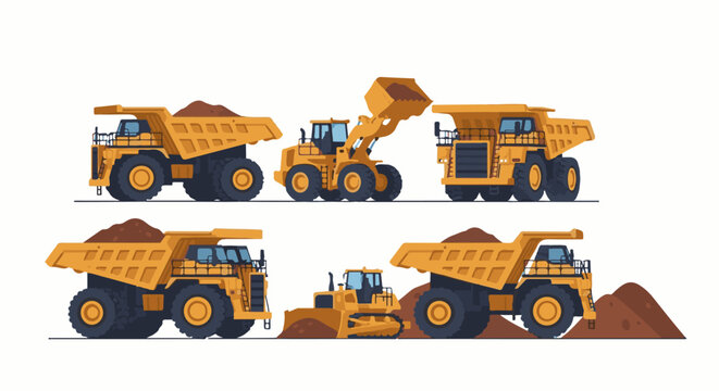Large yellow mining trucks and machinery with piles of dirt