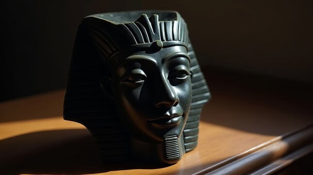 Black stone sculpture of an ancient Egyptian pharaoh head.