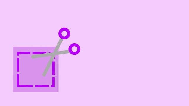 Animated Purple Scissors Cutting Fabric Piece on Pastel Purple Background Flat Design Sewing and Tailoring Concept