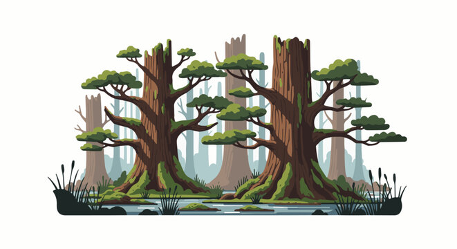 Pixel art of a serene swamp with ancient cypress trees and calm water