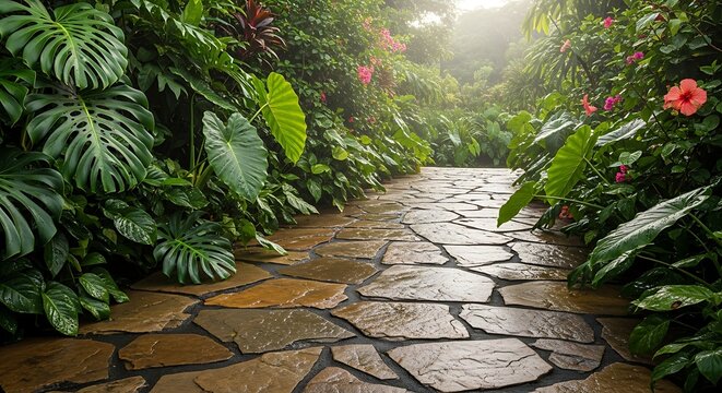 A winding flagstone path leads through a vibrant, wet tropical garden with dense green foliage and colorful flowers under soft light.
