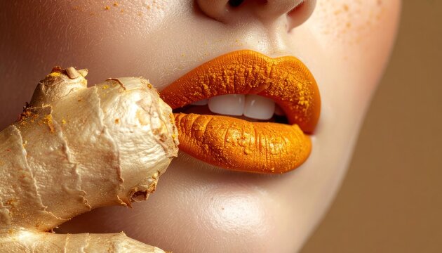 A striking close-up portrait showcases vibrant orange lipstick and a textured ginger root, creating a unique and artistic fusion of beauty and natural elements.