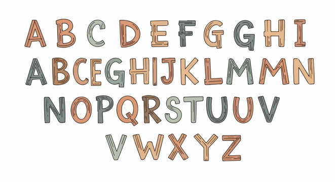 Alphabet in earthy tones with a textured, wood-like appearance