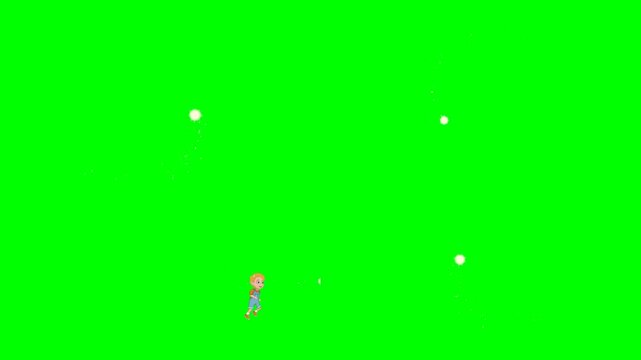 Tiny male characters standing far away with floating white snow spheres 2d animated cartoon on green screen chroma key background. high quality loop cycle vector illustration animation