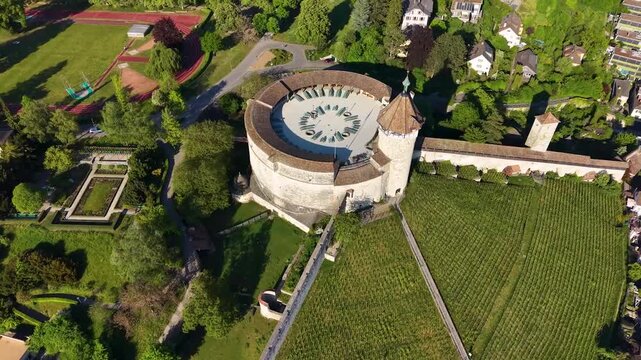Aerial view round over the ancient monument Munot in Schaffhausen. The round fortification was built in the 16th century in Schaffhausen, Switzerland