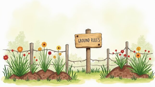 Watercolor garden illustration with a wooden ground rules sign.