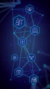 Hackathon vertical animation with line icons. Tech event. Teamwork and collaboration venue. Outline symbols on dynamic background. Dark to light transition. HD video for social media reels, stories