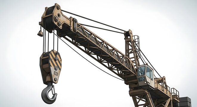 Detailed Industrial Crane Boom with Hanging Hook on Clean White Background