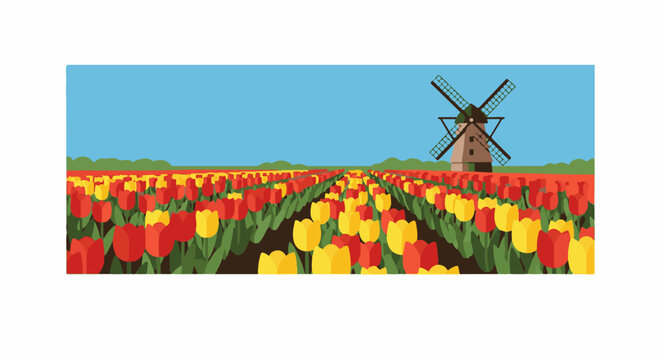 Expansive tulip fields with a traditional windmill under a clear sky