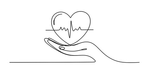 Obraz premium Continuous one line drawing of a human hand holding a heart shape with a heartbeat pulse rhythm line