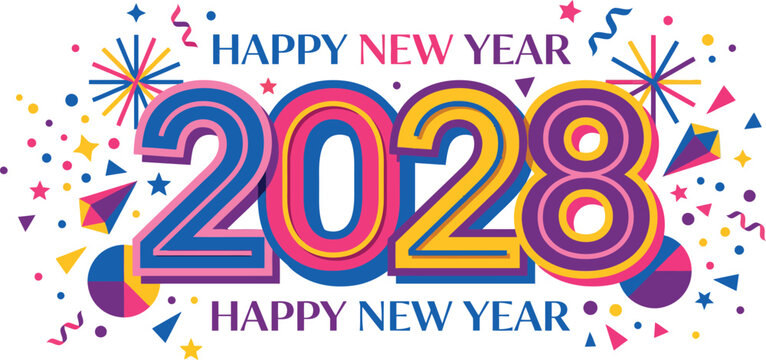 Colorful 2028 Happy New Year celebration with fireworks and confetti background