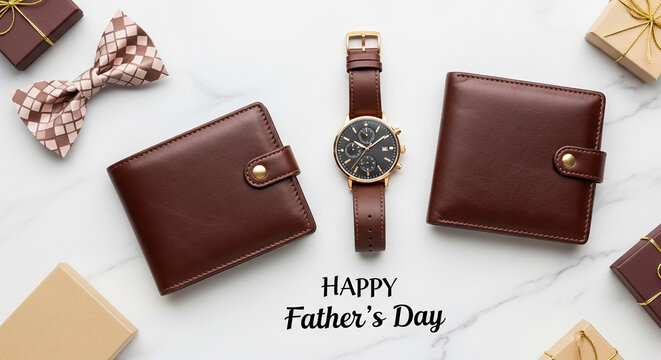 Flat lay of brown leather accessories, gifts, and bow tie, symbolizing Father's Day celebration and thoughtful gifting