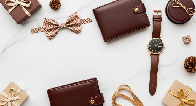 Flat lay of brown leather accessories and gift boxes on a marble surface, representing a stylish and elegant gift showcase, suitable for men's fashion.
