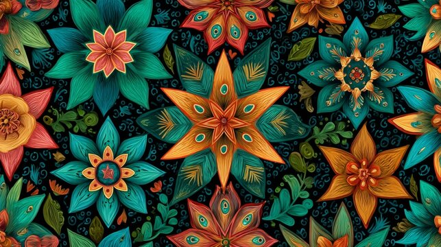 88.Seamless vector pattern with hand drawn geometric flower motifs, African boho and paisley influences, vibrant ethnic color palette, decorative floral texture for fabric and textiles