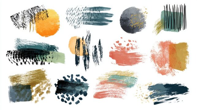 96.Artistic vector pack of abstract brush marks and organic forms, hand drawn style, textured strokes, modern abstract background elements