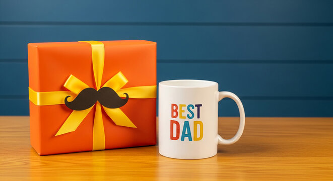 Orange gift box with yellow ribbon and mustache accent, alongside a white mug saying BEST DAD, symbolizing Father's Day appreciation, perfect for gift concepts