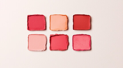 Fototapeta premium Six square swatches of various shades of red and pink makeup powder are arranged in two rows on a pale surface.