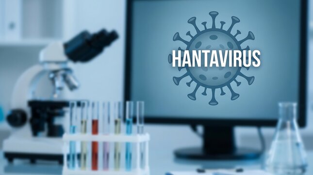 Hantavirus concept with a computer screen displaying the virus and laboratory equipment in the background for research purposes in a medical setting