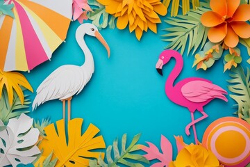 Fototapeta premium Vibrant paper craft tropical scene featuring flamingo and heron surrounded by colorful exotic leaves and summer beach elements on a bright blue background design