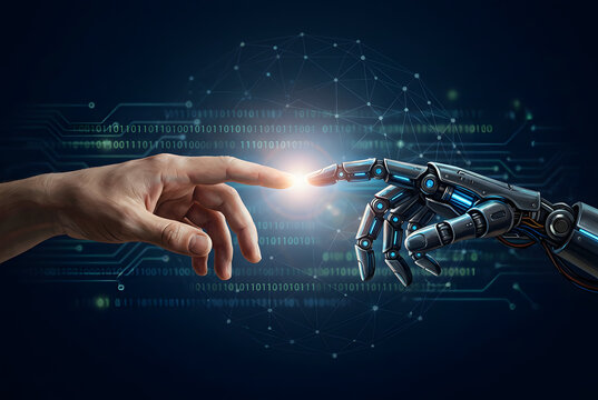Cyborg mechanical finger reaching for person hand in digital space backdrop.