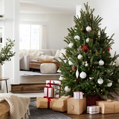Obraz premium Christmas Tree Stands in Living Room With Gifts and Decorations Near a Cozy Chair by the Window