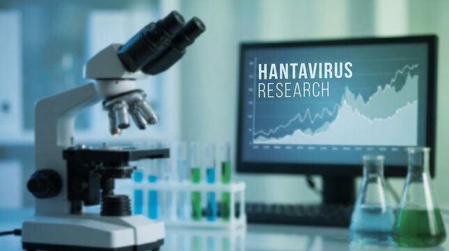 Hantavirus research laboratory setup with microscope and computer screen