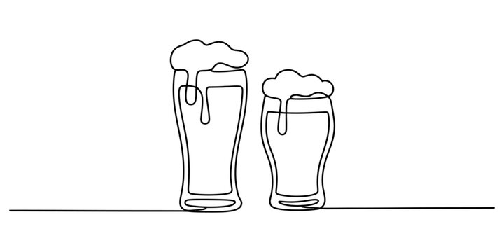 Two glasses of beer with foam drawn in a single continuous line style