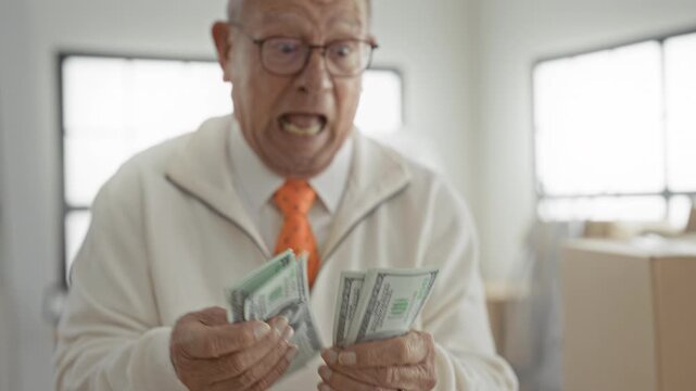 Man counting dollars with hands and smiling expression amid stacked boxes and windows in a building interior, wearing glasses and an orange tie; financial joy.