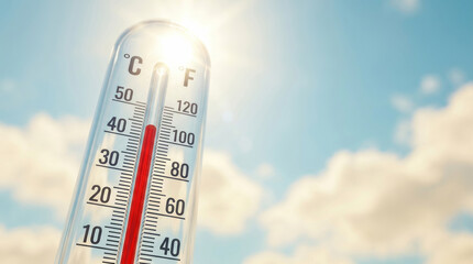 Fototapeta premium Thermometer temperature high weather summer heatwave Glass thermometer shows high temperature weather sunny sky bright. Etreme global warming. sun hot warm heat stroke, red degree scale measure
