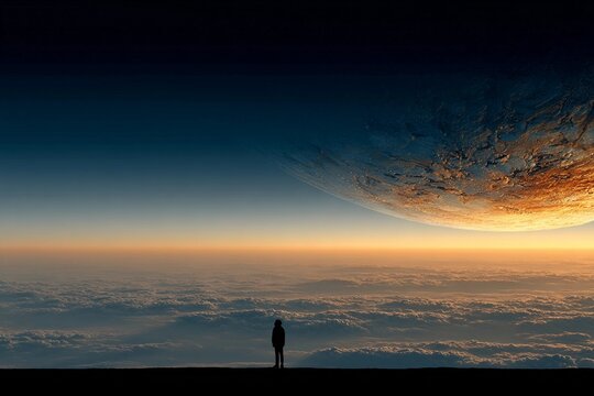 Lone Figure Gazes at Distant Planet on the Edge of Endless Space at Twilight Generative AI