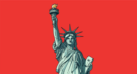 Fototapeta premium Iconic statue of liberty holding torch and tablet against red background