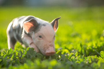 Adorable baby piglets, including pink and black-spotted breeds, playfully exploring a vibrant green pasture. Cute free-roaming farm animals foraging in tall grass and sniffing weeds on a bright, sunny © Bogdan