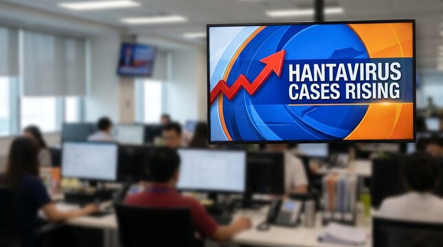 A television screen displays a rising graph with the words hantavirus cases rising in a busy office setting with people working on computers