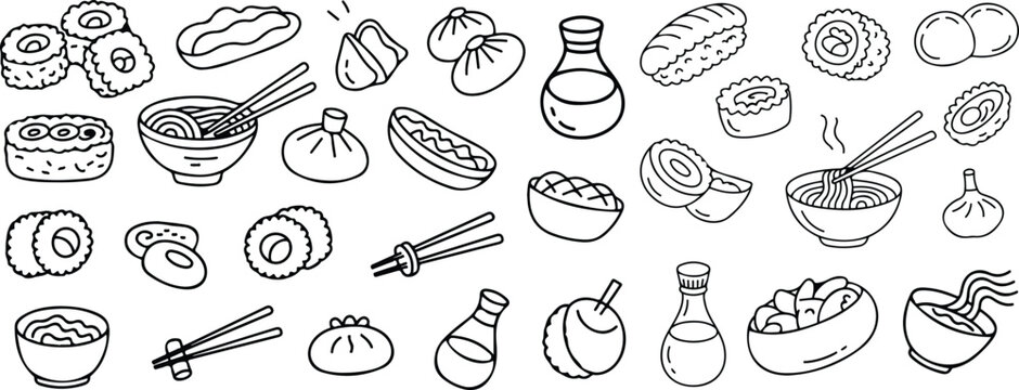 Minimalist black and white line art vector illustrations of sushi ramen and dim sum.