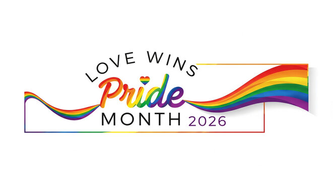 Rainbow wave graphic with text "LOVE WINS Pride Month 2026" and a small rainbow heart, symbolizing equality and LGBTQ+ pride celebration