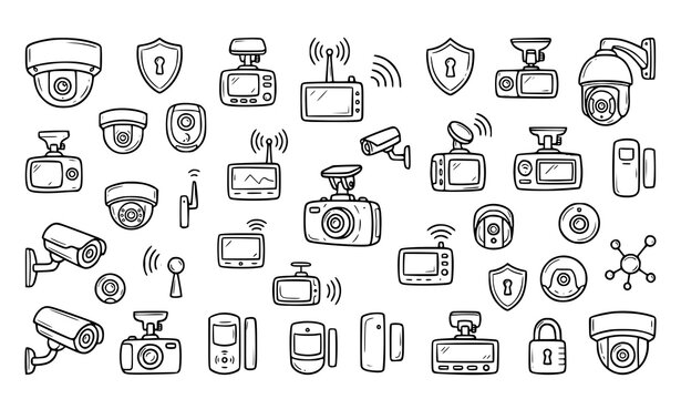 Hand drawn security camera doodle icon set with CCTV dashcam surveillance recorder and protection device vector illustration
