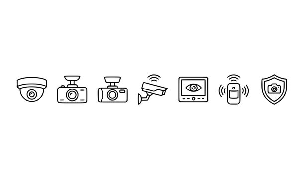 Minimal CCTV and dashcam icon collection with surveillance cameras dashboard recorder and security outline vector set