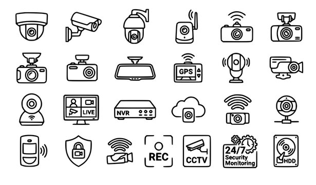 Security camera and dashcam line icon set with CCTV surveillance recorder and security device vector collection