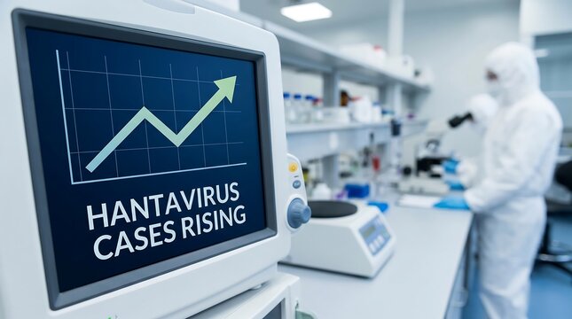 Hantavirus cases rising graph on medical monitor in laboratory setting with scientist in background