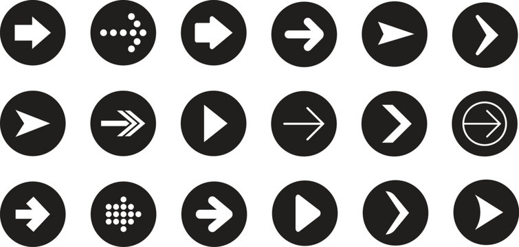 A collection of diverse white right arrow icons set inside black circles.