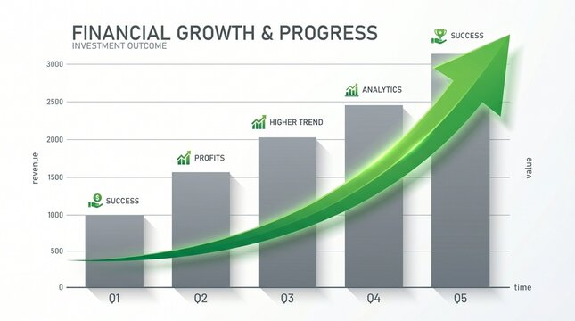 Quarterly Business Growth Chart Q1 to Q5 with Green Success Arrow and Analytics

