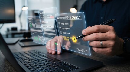Fototapeta premium Futuristic digital project approval checklist on holographic screen, businessman using virtual interface for task management, modern office workspace