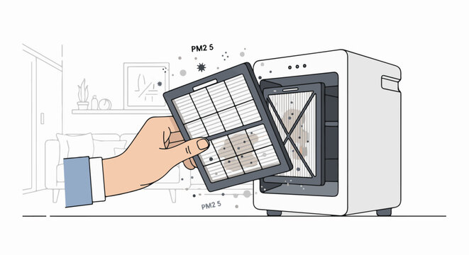 Hand removing dirty air filter from unit with particulate matter shown