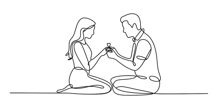 Continuous single line drawing of a man proposing marriage to a woman with a ring