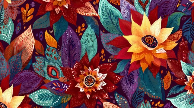 90.Ethnic boho seamless pattern of hand drawn geometric flowers and paisley elements, rich decorative colors, artistic vector illustration for wrapping paper and clothing